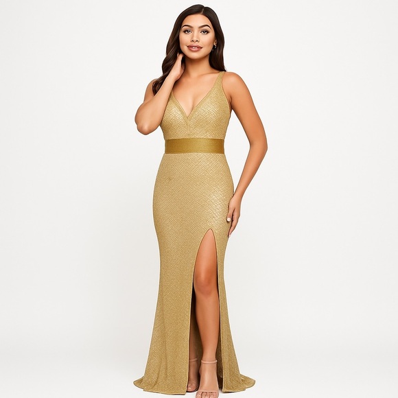 Mac Duggal Beaded V-Neck Evening Gown Gold Size 10 - Picture 2 of 16